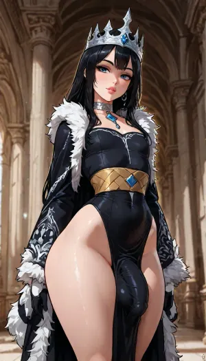 (((Style, vector art, 2d cel shaded, thick outline, jack cayless, personalami))), (1 greek Futanari), futanari, tiny flat chest, (beatiful face), cute, very beatiful, (((very short spiky black hair))), (blue eyes), big lips, thick lips, (princess black clothes), (big fur clothes), (big silver choker), ((feminine silver crown)), rich jewelry, (fit body), tiny waist, (small ass), ((massive thighs)), large cock bulge, stand up, in a greek castle, <lora:add-detail-xl:1.2>, <lora:attractive_notrigger:1.2>, <lora:detailed_notrigger:1.2>, <lora:LCMTurboMix_Euler_A_fix:1.2>, <lora:outline_xl_kohaku_delta_spv5x:.6>