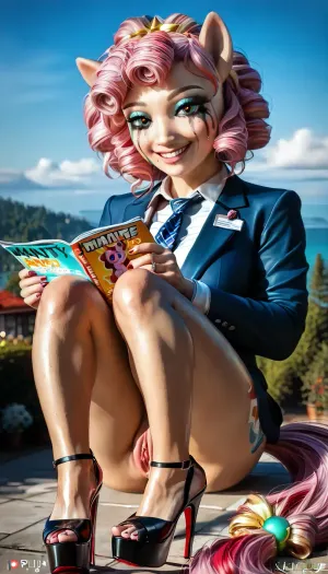 (masterpiece, best quality, 8k, Raw photography:1.2), full view, can see shoes, (award-winning:1.1), (immaculate makeup:1.8), (loving Girl, hyper feminine features, joy, celebration, adoring gaze, soft contented smile:1.5), high cheekbones, cute upturned nose, upturned upper lip, (sense of intimacy:1.4), (warm eyes, captivating eyes:1.6), (perfect magazine cover makeup), dark pink hair with very light neon cyan highlights, (high top pony tail style:1.9), Full view, 10"BLACK PLATFORM closed round toe stiletto high heels, ROUND TOE HEELS, (professional color grading:1.6), (softly blurred background:1.3), (warm natural light, hair glow lighting), (natural skin texture:1.6), (realistic skin details:1.5), (intricately detailed hair:1.5), (detailed eyes:1.6), (visible limbal ring:1.5), (detailed iris texture:1.5), (natural hair texture:1.4), (realistic eye texture:1.5), Score_9, 23 years old, bright cyan eyes, no panties, tits shown, wet asshole, inviting you in, FULLY NUDE, horny, 2 hands, perfect hands, perfect arms, 2 legs, 2 feet, perfect feet, perfect legs, she is in heat, hot and turned on, smiling, looking up at viewer, wants sex, stuffed plushies, teddy, thick eyelashes, perfect eyes, Long Red hair with light red highlights, slight curls, detailed hair, bright eyes, red porn star makeup, detailed body, detailed eyes, detailed face, perfect face, gorgeous, beautiful girl, 1girl, pussy, labia, clitoris, open, spread, closed, small, medium, long, shaved, pubic, hair, bad, lighting, bright, 1-alpha, .8>, large, big, boobs, tits, bmbplora, GiganticBreatsXL, gigantic, breasts, huge, dsiori, <lora:chilloutmix_xl:.8>, <lora:bombshell_v2:.8>, <lora:bimboxl_02:.8>, <lora:GiganticBreastsXLv1:.8>, <lora:dsiori_a3b:.8>