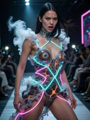 A dynamic, ultra-trendy full-length shot of a striking model in motion, capturing an unconventional, avant-garde pose on a futuristic catwalk. Her face conveys an intense, fierce emotional expressiveness, brimming with energy and strength. She is wearing a surreal, whimsical haute couture ensemble, crafted from structured, solidified volcanic smoke interwoven with kinetic, glowing neon fibre-optic cables that wrap around her body in geometric patterns. Her body’s anatomy is sharply defined, and her flawless, natural skin, with visible pores, is visible from head to toe. Her eyes are wide open and mesmerising, revealing intricate macro-details of luminous, multi-layered irises and realistic, shimmering reflections. The dramatic motion blur effect in the background, with the blurred silhouettes of the fashion show audience and camera flashes, conveys a sense of high energy. Contrast-rich lighting on the catwalk with deep shadows, neon blue and bright pink contour lights, 8K resolution, (a cinematic masterpiece)