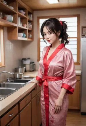 (scene from hand-drawn hentai manga:1.3), hot japanese busty milf, ordinary housewife in open kimono, typical japan kitchen as background
