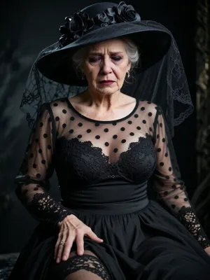 best view, 1woman, dressed, clothed, (((extremely elder extremely aged 90 year old grandma:1.9))), chubby, (curvy:1.6), ((busty:1.3)), black lace bra, (((struggles with her grief through sex:1.9))), (((wearing elegant coal-black transparent cotton polka-dotted funeral evening balldress with sheer top round neckline, floor-length skirt, long sheer sleeves, transcluent mesh))), (((extremely insane top transcluency:1.9))), elegant luxury huge wide-brim dark-floral hat with veil, face behind veil, black lace stockings, (((sorrow:1.9))), (((sadness:1.9))), heavy crying, strong burgundy lipstick, fancy black makeup, (((insanely dark atmosphere, evil terrifying darkness:1.9))), (((chiaroscuro dramatic darkness:1.9))), eye-contact, (realistic dark brown wrinkled saggy elderly granny skin texture:1.9), (((pale color palette, matte colors))), raw style, 8K, greatly improved quality, close-up