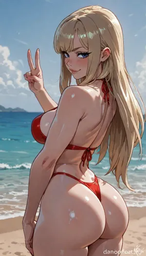 Score_9, score_8_up, score_7_up, ((kajinman art style:1.5), (dandonfuga art style:1.6)), solo, masterpiece, (1woman), At beach, sea at background, ((front view:1)), Smirking american blonde, (peace with one hand, barely showing ass:1), straight long hair, mid parted hair, bright day, red bikini lineart, line, art, flat, colors, color, <lora:outline_xl_kohaku_delta_spv5x:1.2>, <lora:EnvyBeautyXL02:.4>, <lora:lineartSDXL:.9>