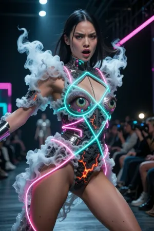 A dynamic, ultra-trendy full-length shot of a striking model in motion, capturing an unconventional, avant-garde pose on a futuristic catwalk. Her face conveys an intense, fierce emotional expressiveness, brimming with energy and strength. She is wearing a surreal, whimsical haute couture ensemble, crafted from structured, solidified volcanic smoke interwoven with kinetic, glowing neon fibre-optic cables that wrap around her body in geometric patterns. Her body’s anatomy is sharply defined, and her flawless, natural skin, with visible pores, is visible from head to toe. Her eyes are wide open and mesmerising, revealing intricate macro-details of luminous, multi-layered irises and realistic, shimmering reflections. The dramatic motion blur effect in the background, with the blurred silhouettes of the fashion show audience and camera flashes, conveys a sense of high energy. Contrast-rich lighting on the catwalk with deep shadows, neon blue and bright pink contour lights, 8K resolution, (a cinematic masterpiece)