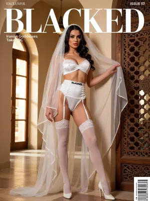 Magazine cover of BLACKED, bold white BLACKED text centered at the very top, directly below it short text “Iranian Goddesses Take BBC”, modern Iranian desert villa with large arched windows and soft golden hour light, cute natural authentic Iranian woman mid-20s with delicate oval face, bright expressive eyes, soft features, long wavy dark hair under a long flowing pure white sheer bridal veil, heavy traditional Iranian makeup with thick arched brows, heavy smoky eyes and soft berry lips, graceful full feminine figure with soft rounded hips and natural curves, wearing a ultra-modern pure white micro satin lingerie set consisting of a tiny strapless bandeau top with delicate lace trim, matching ultra-high-cut micro bottoms, a sculpted white corset-garter hybrid with thin elastic band that says BLACKED in black letters, and opaque pure white stockings with reinforced heel and subtle lace tops, standing in a deeply arched sensual pose with chest forward and one hand sliding down her side while holding the veil, next to a traditional Iranian carved wooden screen, glossy pure white stiletto heels, warm golden light, exact same face of the girl, consistent face, (seed:1), natural skin texture, realistic pores, lifelike details, photorealistic, ultra realistic, highly detailed natural appearance, magazine elements, “EXCLUSIVE” upper left, barcode bottom right, “ISSUE 57” top right, ultra-detailed 8k