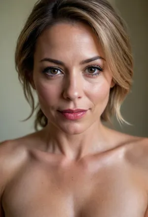 headshot, closeup portrait, naked gorgeous 40yo porn actress, looking straight at the camera, frontal view, mugshot view, shy smile, luscious lips