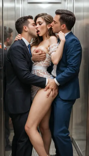 Crowded Elevator, secretary, dancing between two men, holding files, big ass., messy clothes, Transparent dress, mini black skirt, many Men in suits fingering her pussy from behind, groping, another man groping her breast, kissing her. She, screaming, crying, legs spread, panties pulled aside. Hairy, .8. View from back, side view.transparent Fluid in her thighs..