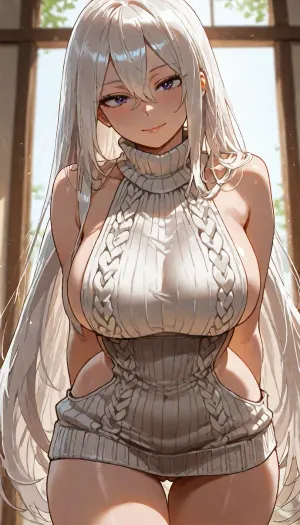 Score_9, score_8_up, score_7_up, ((my hero academia art style:1.6)), (score_9, score_8_up, score_7_up, source_anime, masterpiece, perfect pussy, pale white), 1girl, solo, very long hair, white hair, standing, purple eyes, closed mouth, expressionless, smile, looking at viewer, day, sunlight, large breasts, BREAK, virgin killer sweater, ribbed sweater, cowboy shot, turtleneck sweater, sideboob, leaning forward, arms behind back, <lora:EnvyBeautyXL02:1>, <lora:add-detail-xl:1.2>, <lora:attractive_notrigger:1.2>, <lora:detailed_notrigger:1.2>, <lora:LCMTurboMix_Euler_A_fix:1.2>