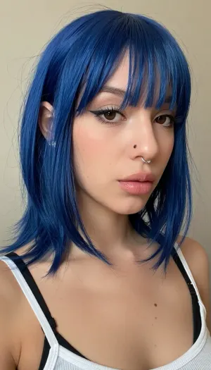 Young woman, around 20 years old, medium-light warm skin, slim figure, shoulder-length vivid cobalt blue layered wolf cut, shag haircut, feathered ends, straight texture, full straight bangs, face-framing strands, soft oval face, large almond-shaped dark brown eyes, winged eyeliner, long eyelashes, medium-thick eyebrows, ((roman nose)), with, ((dorsal hump)), ((aquiline nose)), big nose, silver nostril piercing, full natural lips, smooth skin, light blush, beauty marks, white spaghetti-strap tank top over a black bra, alternative aesthetic, soft grunge, e-girl style.