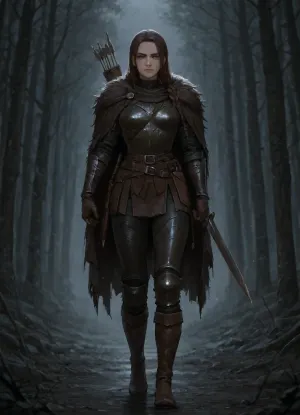 A young woman huntress in a dark fantasy setting, named Lira Vereskova, mid-20s, athletic and lean build from a life of hunting, sharp angular face with high cheekbones, pale skin with a few faint scars, intense tired grey-green eyes, long dark brown hair tied in a messy practical braid with loose strands, wearing worn dark leather armor, a heavy wolf-fur cloak draped over her shoulders, longbow and quiver of arrows on her back, short sword and hunting knife at her belt, muddy boots, standing in a foggy ash-covered village at the edge of a black twisted forest, cold grey morning light, dark atmospheric mood, highly detailed face, realistic skin texture, cinematic lighting, dark fantasy style, grim and gritty atmosphere