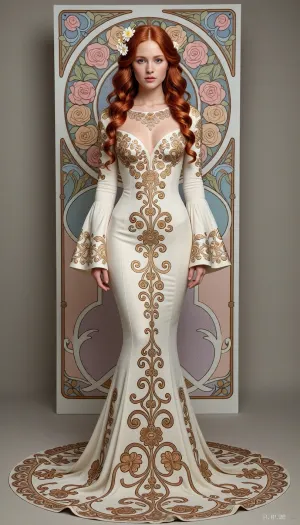 a young woman with red hair, made in the Art Nouveau style. The heroine is depicted in full-length, full-face, with a neutral facial expression and a direct gaze directed at the camera. The woman has long, thick, wavy red hair, arranged on top of her head in complex strands on the sides of her head. Small white flowers with a yellow center are woven into the strands of hair on the left side. Above the woman's head is a decorative halo decorated with floral patterns in pastel colors.She's wearing a long, form-fitting ivory dress. The fabric of the dress is decorated with a complex golden-brown floral pattern in the form of curls and stems, which descends from the neckline along the entire length of the skirt. The neckline of the dress is deep, rounded, with a translucent insert in the upper part of the bodice. The sleeves of the dress are long, flared at the bottom, made of light translucent fabric, also decorated with golden and brown lines and floral motifs at the edges. The lower part of the dress turns into a long train, which beautifully spreads across the floor in a circle. The background behind the woman's back is a large decorative panel in pastel colors. The panel depicts a circular ornament with floral motifs, including stylized rose flowers, leaves and abstract lines in the style of Alphonse Mucha. The main background tone is grayish beige. The lighting is soft and uniform, emphasizing the texture of the fabric and the details of the patterns.