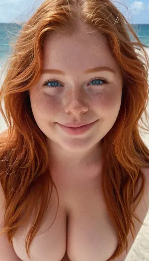 Chubby 18 year old girl, long ginger hair, smiling, full body view, huge tits, big breasts, pretty, perfect face, light blue eyes, cute, closeup, giant boobs, full body photo, beautiful face, standing on the beach, legs spread, pink pussy, chubby, photorealistic, fluxenh4nce, freckles, godpussy, <lora:MJ52:.3>, <lora:FLUXEnh4nce:.5>, <lora:SdXL_better freckles_epoch_16:.5>, <lora:SDXL_GodPussy_v1:1.1>