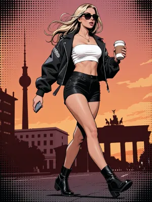 American comic book illustration style, bold black ink outlines, halftone dot shading on background and clothing only, dynamic comic panel energy, flat solid sunset orange and pink sky, no gradient, buildings and landmarks as flat solid silhouettes, stylish blonde woman with sunglasses, wearing a white crop top fully covering her chest, black high-waisted shorts, trendy oversized jacket worn open, black ankle boots, mid-stride walking pose, one hand holding a coffee cup, the other hand holding a small phone, Berlin TV Tower, (Fernsehturm), as a flat silhouette in background, Brandenburg Gate as a flat silhouette, confident playful expression, hair flowing with the motion, speed lines, comic book color palette, sharp detailed face, sharp detailed hands