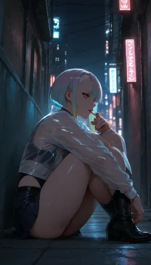 lucy from cyberpunk, skirt, pussy visible, in night city, outdoor, in a quiet alley, perfect body, lighting a cigarette, sitting with legs crossed, view from ground, view from side, transparent suit