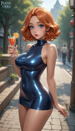 (tamada heijun meets reiq style), 21 years old, natural orange wavy hair, bob haircut with large curls, slightly oval face, bright blue eyes, round chin, wide eyes, big mouth, plump lips, pointed protruding breasts, round ass, long slender legs, perfect knees, outdoors, in park, in silver skin-tight extremely short cocktail minidress with metallic sheen, ultimatively short dress, extremely low neckline, breasts almost out, (orange ginger hair)