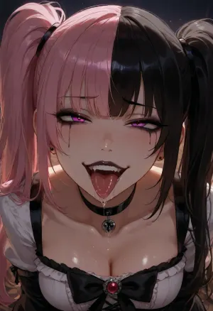 anime style, masterpiece, best quality, perfect face, perfect body, dynamic composition, dynamic angle, BREAK, beautiful woman, gyaru, (((twintails:1.5), split-colour hair, black_and_pink_hair, gothic_clothing, gothic_victorian_choker, dark_makeup)), drop eyes, pearl skin, ((naughty face)), open mouth, tongue out, (drool:1.3)