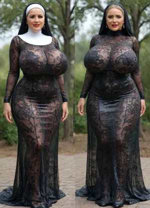 extremely beautiful sexy nun, ((she is showing off her perfect breasts:1.2)), (massive breasts:1.9), ((puffy erect nipples poking through holes in her clothes)), refined elegant face, high cheekbones, red lipstick, slutty smile, (extremely pretty mature woman:1.9), voluptuous, curvy, extremely tempting, sunny floral field, extremely detailed background, (transparent dress:1.9), (skin-tight elegant simple see-through black nun clothes:1.9), simple belt, dress open at the front, her massive breasts exposed, detailed undecorated see-through simple dress, (face close-up), amorous face, ultra lovely face, ideal body, ultra detailed, ultra realistic, longnips, <lora:milkers_v2:1.4>, <lora:longnipsxl:.8>, <lora:MJ52:.8>
