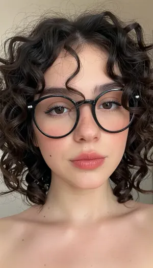 20 years old, fair skin, petite, soft curvy build, round face, full cheeks, soft jawline, small chin, large round dark brown eyes, long eyelashes, thick natural eyebrows, small rounded nose, full lips, beauty mark on cheek, rosy cheeks, short curly bob, dark brown hair, voluminous curls, messy curls, curly fringe, face-framing curls, large round black glasses.