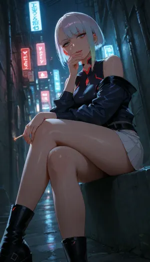 lucy from cyberpunk, skirt, in night city, outdoor, in a quiet alley, perfect body, lighting a cigarette, sitting with legs crossed, view from ground