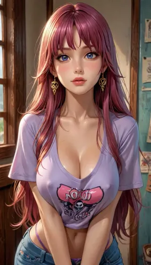 (masterpiece), reiq style, (high resolution), Rose from Dead or Alive, (DOA), mid 30s, fair skin, slender, narrow face, freckles, tattoos, large breasts, erect nipples, ((hyper long hair)), ((hair goes past her waist)), purple hipster panties, oversized white t-shirt, cleavage, no bra, thong straps showing, slightly bending forward, view down her shirt, <lora:add-detail-xl:1.2>, <lora:attractive_notrigger:1.2>, <lora:detailed_notrigger:1.2>, <lora:LCMTurboMix_Euler_A_fix:1.2>