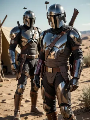 Grogu and A mandalorian standing guard with his intricate shiny metal mechanical armor in a dessert near a desert camp, character portrait, cinematic shot, dynamic lighting, 75mm, Technicolor, Panavision, cinemascope, sharp focus, fine details, 8k, HDR, realism, realistic, key visual, film still, cinematic color grading, depth of field.