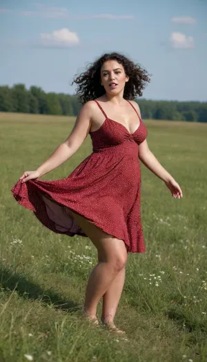 A beautiful young fat dark-curly-hair girl with huge tits in a short dark red summer dress with big white dots stands in a meadow, the wind lifts her skirt and reveals her naked hairy pussy, side view, full body view