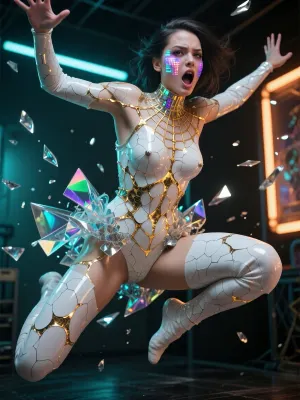 A striking full-length shot of a Japanese high-fashion model, captured mid-air during a dynamic, gravity-defying high-speed leap. Her face conveys an intense, fierce emotional outcry, brimming with energy and strength. Her skin has a surreal, hyper-detailed texture of cracked white porcelain, and the cracks are filled with glowing veins of liquid gold in the kintsugi style, radiating like a spider’s web across her neck and limbs. Intricate macro-details adorn her face, wide, almond-shaped eyes with luminous, multi-layered irises reflecting digital matrix code and neon light, as well as the precise contours of natural human anatomy. She wears an avant-garde haute couture ensemble, fashioned from shards of transparent iridescent glass and threads of liquid chrome, which scatter through the air around her moving body. Contrasting cinematic studio lighting, deep shadows, neon bluish-blue and warm amber contour lights, 8K resolution, (a photorealistic masterpiece), .