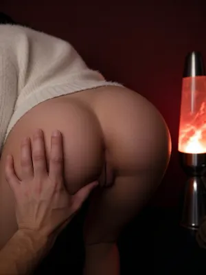 A macro image, rear view, his hand touch her, with a focus on Annie’s highly aroused pussy, Annie twentyish woman, slim figure, wearing a soft very fluffy white cardigan.

Total darkness with cinematic chiaroscuro, the only light is a simple large lava lamp to side of the image, it is casting red and amber light across her skin, A simple very dark burgundy background is hardly visible darkness in the distance, analogue film, soft grain, the lamp the only light source, no flash photography.