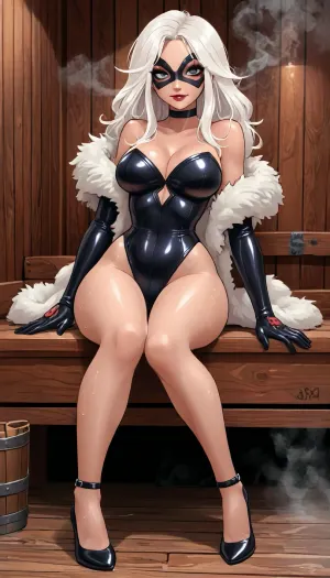 (innv meets jack cayless style), (reiq style, masterpiece, cel-shaded, limited color palette), ((Beautiful Sexy Hardy from marvel rivals game body:1.8)), (1girl, solo, alone), (((white hair))), (gorgeous, seductive face, mature, ads, perfect body, perfect breast, perfect hands, perfect legs, small waist, thick thighs, hips, big ass, sweaty body), (Fur Trim spandex underwear black), (Fur Trim black Gloves), (Fur Trim black Choker), (black half-eye-mask), (high heels), (sexy smoking posing), (in sauna, steam, smoke, background), ultraviolet light, LoL, Style, uberfit, muscular, athletic, <lora:mk_Bp Anime_xl:2>, <lora:LCMTurboMix_Euler_A_fix:2>, <lora:Marvel_Rivals:2>, <lora:Black_Cat-000006:2>, <lora:uberfit_lora_sdxl:.8>