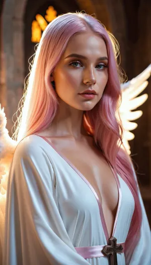 ((Angel woman in the charch)), 20 years old, perfect lighting, perfect skin, surreal, 8k resolution, super detailed, Instagram model, professional photography, egirl make-up, Sleek Straight long pink hair, sexy hot exposed the nun's robe, Nordic, lifelike face, slim, slim body, athletic body, ltctr, color, +, light, contour, <lora:light_contour_sdxl:.8>
