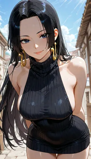 Score_9, score_8_up, score_7_up, Boa Hancock from One Piece, (score_9, score_8_up, score_7_up, source_anime, masterpiece, pale skin), 1girl, solo, long hair, loose strands of hair, standing, beautiful eyes, soft, smile, looking at viewer, day, sunlight, small breasts, BREAK, virgin killer sweater, tight black sweater, pokies, cowboy shot, turtleneck sweater, sideboob, leaning forward, arms behind back, <lora:EnvyBeautyXL02:1>, <lora:add-detail-xl:1.2>, <lora:attractive_notrigger:1.2>, <lora:detailed_notrigger:1.2>, <lora:LCMTurboMix_Euler_A_fix:1.2>
