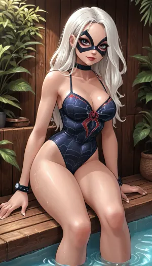 (innv meets jack cayless style), (reiq style, masterpiece, cel-shaded, limited color palette), ((Beautiful Sexy Hardy from marvel rivals game body:1.8)), (1girl, solo, alone), (((white hair))), (gorgeous, seductive face, mature, ads, perfect body, perfect breast, perfect hands, perfect legs, small waist, thick thighs, hips, big ass, sweaty body), (spiderweb-patterned swimsuit bra), (spiderweb-patterned swimsuit bottom), (spiderweb-patterned Gloves), (Choker), (haft eye mask), (sliver sunglasses), (high heels), (sex playful horny wet posing), (in sauna, steam, smoke, summer, beach, tropical, flowers, plants background), ultraviolet light, LoL, Style, uberfit, muscular, athletic, <lora:mk_Bp Anime_xl:2>, <lora:LCMTurboMix_Euler_A_fix:2>, <lora:Marvel_Rivals:2>, <lora:Black_Cat-000006:2>, <lora:uberfit_lora_sdxl:.8>