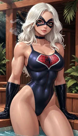 (innv meets jack cayless style), (reiq style, masterpiece, cel-shaded, limited color palette), ((Beautiful Sexy Muscles Hardy from marvel rivals game body:1.8)), (1girl, solo, alone), (((white hair))), (gorgeous, seductive face, mature, ads, perfect body, perfect breast, perfect hands, perfect legs, small waist, thick thighs, hips, big ass, sweaty body), (tight spider-man costume), (spiderman marvel rivals cosplay Gloves), (Choker), (haft eye mask), (sexy posing), (steam, smoke tropical, flowers, plants, sauna background), ultraviolet light, LoL, Style, <lora:mk_Bp Anime_xl:2>, <lora:LCMTurboMix_Euler_A_fix:2>, <lora:Marvel_Rivals:2>, <lora:Black_Cat-000006:2>, <lora:EnvyBadassSliderXL01:2>