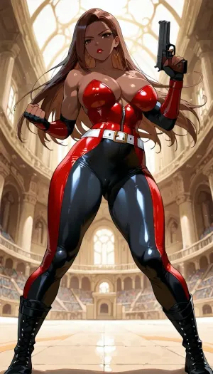 Very fit female fighter in a fighting stance, long straight reddish-brown hair, brown eyes, red lips, large breasts, strapless red leather bustier with a plunging neckline, black skin-tight leather pants with a white belt, cameltoe, pistol in her left hand, combat boots, full-body view, in a fighting arena.