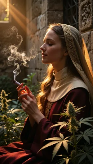 Ultra photorealistic cinematic masterpiece with extraordinary realism and rich cinematic atmosphere. Ultra low-key warm late summer illumination, dramatically underexposed natural light, molten amber glow, deep honey gold, glowing orange highlights, warm crimson reflections, luxurious golden color science, exceptional global contrast and crisp local micro-contrast. Radiant golden rim light tracing her traditional medieval veil, every strand of hair softly glowing beneath the fabric, luminous edge light defining her profile, face and hands. Soft volumetric sun rays beautifully interacting with delicate drifting smoke. Premium full-frame photography, 35mm lens perspective, shallow depth of field. An adult 28-year-old nun sits peacefully in the secluded herb garden of a humble 16th-century stone monastery, naturally beautiful face, serene expression, eyes gently closed, head slightly raised toward the warm afternoon light, a quiet meditative smile expressing deep relaxation, inner peace and contentment. Her face remains the emotional center of the entire composition. Her slender fingers delicately hold the last glowing stub of a nearly smoked hand-rolled cigarette, only a tiny glowing remainder still burning. Elegant ribbons of pale fragrant smoke rise slowly and reveal warm shafts of sunlight. Abundant mature cannabis plants surround her with richly detailed leaves, dense flowering buds and subtle resin texture, layered botanical depth creating a secluded intimate sanctuary. Weathered hand-cut stone walls, aged subtle carved details softly blurred in the background... timeless historical atmosphere, no modern elements. Graceful smoke drifts through the warm air, catching the sunlight like fine threads of gold. Refined composition, strong sculptural chiaroscuro, timeless fine art photography, maximum detail.