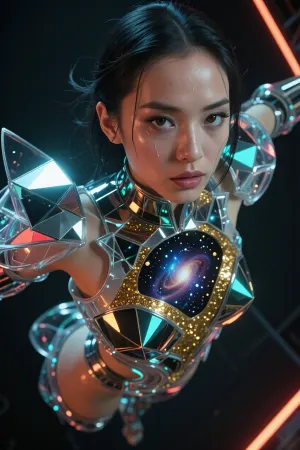 A A cinematic, fantastical medium shot of a Japanese model with pronounced East Asian facial features, high cheekbones, distinct epicanthal folds and striking dark almond-shaped eyes. She is captured in motion, suspended in a dynamic, avant-garde pose, as if defying gravity. She wears whimsical, fashion-forward armour consisting of fragments of geometric mirrors and flowing, organic, transparent plastic structures. The mirrors reflect fragmented neon light. The skin’s flawless natural texture and the body’s perfect anatomy. An exceptionally precise close-up of her face, revealing ultra-detailed, luminous, multi-layered irises with intricate pigment patterns and moist, glossy reflections. A dark, sombre atmosphere with high-contrast cinematic lighting, deep shadows and intense bluish-blue and crimson contour highlights falling on the plastic and mirrors. Shot with a 50mm anamorphic lens, sharp focus, 8K resolution, (a photorealistic masterpiece), .