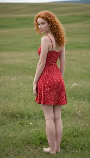 A beautiful young slim ginger-curly-hair girl with a small round butt in a short red summer dress with white dots stands in a meadow, the wind lifts her skirt and reveals her naked hairy pussy, full body view
