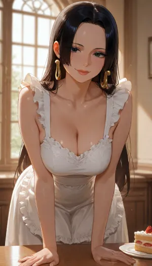 A beautiful woman in her 20s, Boa Hancock from One Piece, long hair, loose strand framing her face, small medium breasts. She wears a 1950s-style dress with a full skirt and an impeccably pressed white lace apron, deep cleavage. Her makeup is natural and elegant, soft red lips, subtle eyeliner, and flushed cheeks. She stands behind a table with a slice of cake in front of her, slightly leaning forward. Her expression is warm and inviting, featuring a genuine smile that radiates happiness. Morning light streams through the window, illuminating her skin and creating a golden glow. Photorealistic style, 8K resolution, visible fabric and skin textures, warm and nostalgic atmosphere.