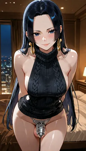Score_9, score_8_up, score_7_up, Boa Hancock from One Piece, (score_9, score_8_up, score_7_up, source_anime, masterpiece, futanari, small flaccid cock, chastity belt, pale skin), 1girl, solo, long hair, loose strands of hair, standing, beautiful eyes, soft, smile, looking at viewer, small medium breasts, BREAK, virgin killer sweater, tight black sweater, pokies, cowboy shot, turtleneck sweater, sideboob, leaning forward, arms behind back, (dark hotel room background, night city), <lora:EnvyBeautyXL02:1>, <lora:add-detail-xl:1.2>, <lora:attractive_notrigger:1.2>, <lora:detailed_notrigger:1.2>, <lora:LCMTurboMix_Euler_A_fix:1.2>