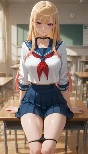 Marin Kitagawa from My Dress-Up Darling, adult, perfect body, skinny, school uniform, panties down, on school table