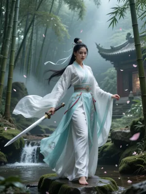 A beautiful Wuxia female sword warrior standing in an ancient Chinese bamboo forest surrounded by soft mist. She wears an elegant flowing white and turquoise silk robe with subtle red accents, long wide sleeves, delicate embroidery, and a traditional ornate belt. Her long black hair is styled in an elegant traditional updo with decorative hairpins. She holds a slender Chinese Jian sword in one hand.

She stands gracefully on a moss-covered stone near a small waterfall, surrounded by bamboo, ancient temple ruins, drifting flower petals, and a calm mystical atmosphere. Her silk garments and hair ribbons move gently in the wind. Her expression is calm, confident, and noble, like a legendary heroine from a classic Wuxia film.

Realistic cinematic movie still, ultra realistic, natural human face, highly detailed fabric textures, realistic silk, authentic Chinese historical fantasy atmosphere, elegant martial arts pose, dramatic lighting, shallow depth of field, epic film scene, 8k cinematic photography.