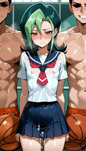 Pop art, bold colors, comic book dots, commercial aesthetic, Tori Meadows from Yu-Gi-Oh! ZEXAL, petite body, flat chested, 18 years old, adult, in a school gymnasium, wearing her school uniform, public gangbang with the entire basketball team, 1girl, multiple men, covered in sweat and cum, front view, girl exhausted and smiling face expression.