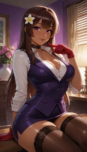 Francine the Filipina is your lesbian girlfriend ready to party out in town. She has dark skin, ((highly detailed face with dramatic lighting)), reiq, Beautiful Filipina Asian woman meeting me in the club, petite woman, professional office shirt and vest, high stockings under miniskirt, sexy sultry eyes with cute smile, <lora:Super_Eye_Detailer_By_Stable_Yogi_SDPD0:.5>, ((cute purple night club)), ((((beautiful eyes limbal ring)))), flowers, plumeria, playful dark brown hair, dynamic glamour pose action side view, thick dark lips, dark eyes, pink blush, soft dark red gloves, small breast, lace choker