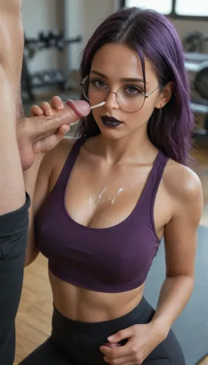 (1woman, 1man, hetro couple), (handjob, holding man's cock), shallow depth of field, 85mm lens, 18-year-old, beautiful, athletic, young, petite, female, ((purple hair)), ((black eye shadow, black lipstick)), tanned skin, ((tight large breasts)), ((small round glasses)), ((yoga clothes)), direct eye contact, warm glow, cinematic atmosphere, (handjob for, (small cock:1.6)), (cum on body:1.6), (ejaculation:1.7)