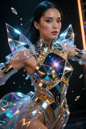 A cinematic, fantastical medium shot of a Japanese model with pronounced East Asian facial features, high cheekbones, distinct epicanthal folds and striking dark almond-shaped eyes. She is captured in motion, suspended in a dynamic, avant-garde pose, as if defying gravity. She wears whimsical, fashion-forward armour consisting of fragments of geometric mirrors and flowing, organic, transparent plastic structures. The mirrors reflect fragmented neon light. The skin’s flawless natural texture and the body’s perfect anatomy. An exceptionally precise close-up of her face, revealing ultra-detailed, luminous, multi-layered irises with intricate pigment patterns and moist, glossy reflections. A dark, sombre atmosphere with high-contrast cinematic lighting, deep shadows and intense bluish-blue and crimson contour highlights falling on the plastic and mirrors. Shot with a 50mm anamorphic lens, sharp focus, 8K resolution, (a photorealistic masterpiece), .