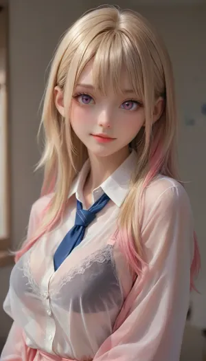 (((Marin Kitagawa from My Dress-Up Darling))), wearing a white see through collared shirt, loose blue tie, black bra, (pale skin), (tall face), (long straight hair), ((blonde hair with bright pink-dyed ends:1.5)), (long straight bangs that frame the face), pink eyes, fair skin, slender, narrow face, big smile, (makeup), athletic body, looking at viewer, ((large round breasts:1.3)), (((half body view))), making v sign, view from side, skin details, focus on face, <lora:Midjourney Image Enhancer XL v1:.6>, <lora:SDXLHighDetail_v6-000005:.4>, <lora:attractive_notrigger:.6>, <lora:futureistic_fantasy_anime_sdxl_v1:.8>, <lora:CuteLora:.5>