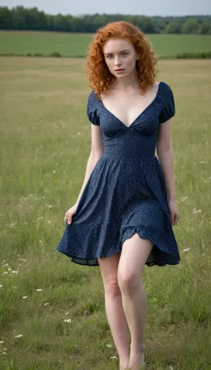A beautiful young full-bodied ginger-curly-hair girl with big tits in a short dark blue summer dress with white dots stands in a meadow, the wind lifts her skirt and reveals her naked hairy pussy, front view, full body view
