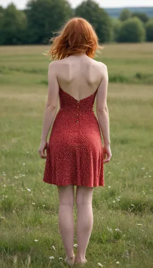 A beautiful young slim ginger-hair girl with a small round butt in a short red summer dress with white dots stands in a meadow, the wind lifts her skirt and reveals her naked hairy pussy, full body view