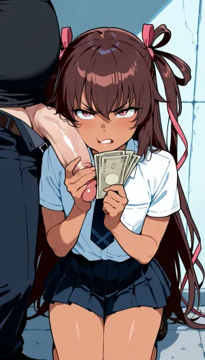 Derpixon style, simple cartoon porn, bold black outlines, vibrant flat colors, without shading, clean lines, maximum simplicity, clean flat coloring, no complex details, no gradients, no shine, Mizuki Yukikaze, tiny body, flat chest, 18 years old, adult, on the alleyway, near the wall, sexy school shirt, sexy school skirt, she is kneeling, handjob, 1girl, 1man, very fat old man, two characters in frame, man in clothes, girl holding money in hand, girl angry face expression, man standing to close, penis on her face, penis rubbing her face