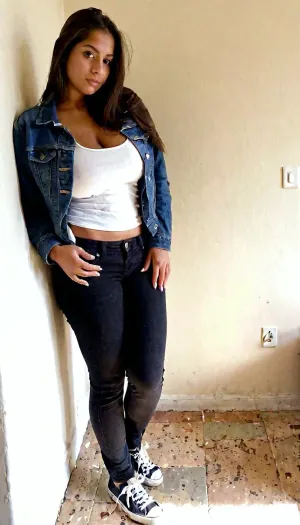 Ultra-realistic smartphone photograph of a 25-year-old adult Hispanic woman with a naturally slim-curvy feminine figure, warm olive skin, long dark brown hair and expressive brown eyes. She is wearing a denim jacket over a white top with black trousers and casual sneakers. She is leaning casually against a wall in a minimalist living room, looking directly at the camera with a relaxed expression. Natural indoor daylight, handheld smartphone camera, realistic exposure, authentic skin texture, detailed denim fabric, natural shadows, true-to-life colors, candid photography, highly photorealistic.