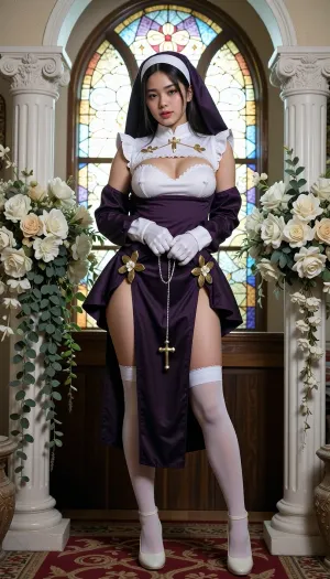 An Asian girl in a revealing nun costume. She stands tall in a room that resembles a church or chapel. Behind her is a large arched window with colorful stained glass windows, through which bright light streams. On both sides of it are tall white columns, on which stand magnificent bouquets of white and cream flowers with green hanging leaves. There is a red patterned carpet on the floor. The girl is dressed in a dark purple outfit consisting of a short dress with slits, a nun's headdress and white gloves. The top of the dress reveals the chest, on which decorative elements in the form of golden crosses with white flowers are fixed. She is wearing a purple and white headdress with gold trim. In her hands she holds a thin rosary with a hanging crucifix. She is wearing white stockings with garters and white high-heeled shoes.